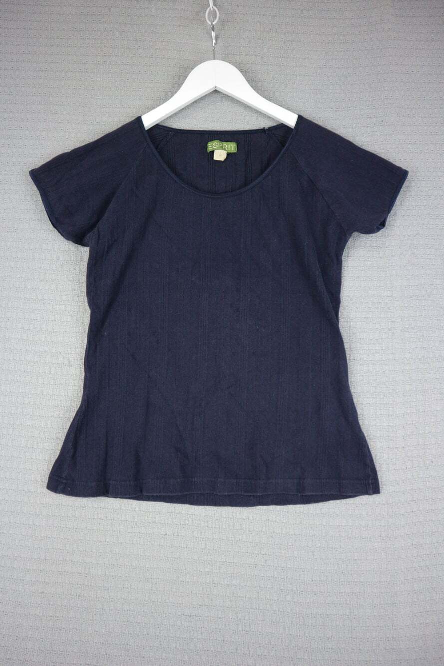 Vintage Y2K Esprit Navy Ribbed Knit Tee Raglan Sleeve Scoop Neck L